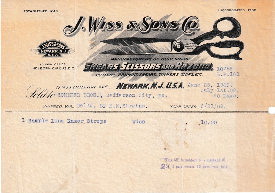 Schleer Bros invoice 1909