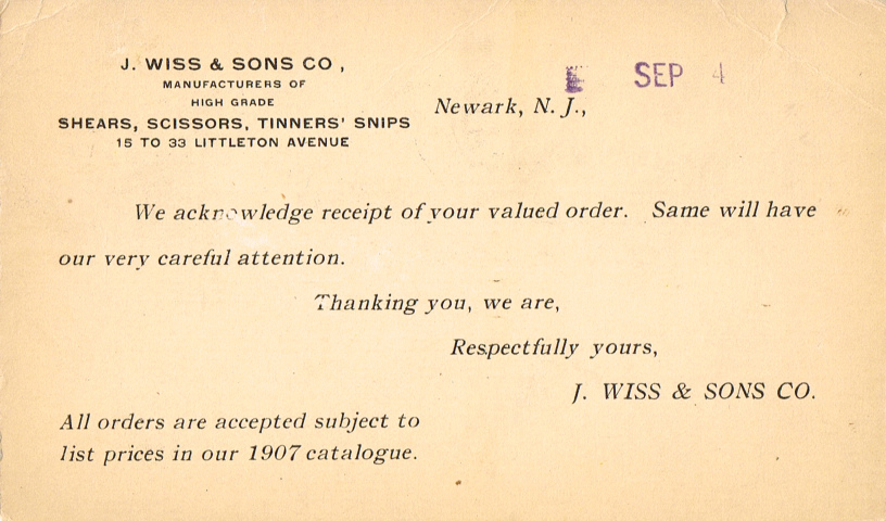 1910 order acknowledgment back