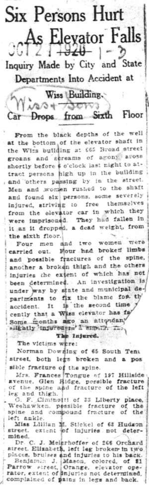 1920-10-21 Six Persons Hurt Elevator Falls