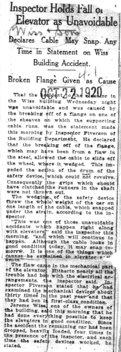 1920-10-22 Inspector Holds Elevator Fall Unavoidable