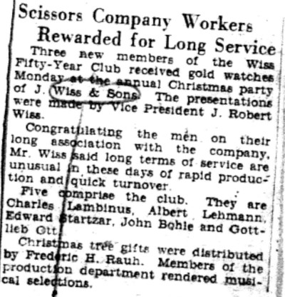 1930-12-24 Scissors Workers Rewarded for Long Service