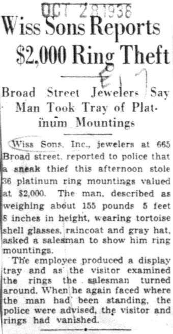 1938-10-28 Wiss Sons Reports 2000 Ring Theft