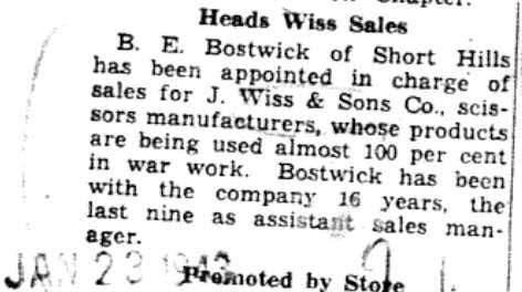 1943-01-23 Bostwick appointed in charge sales