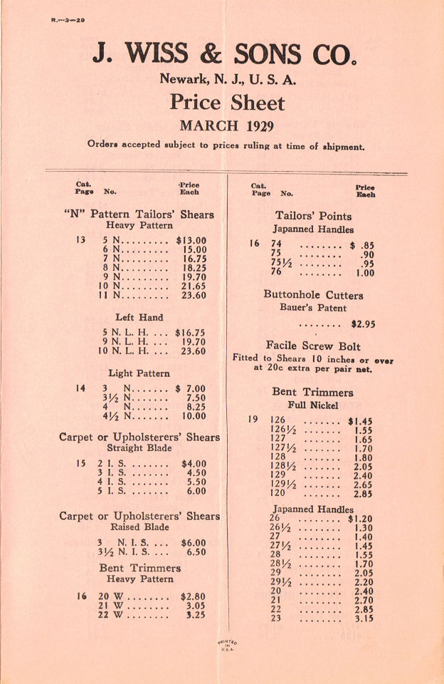 Price List 1929 cost per dozen 1