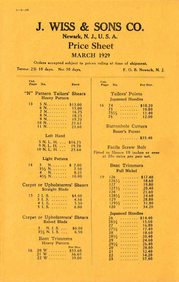 Price List 1929 cost per each 1