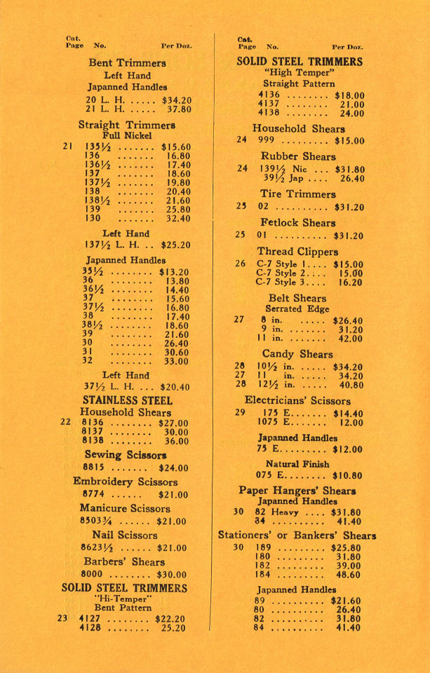 Price List 1929 cost per each 2